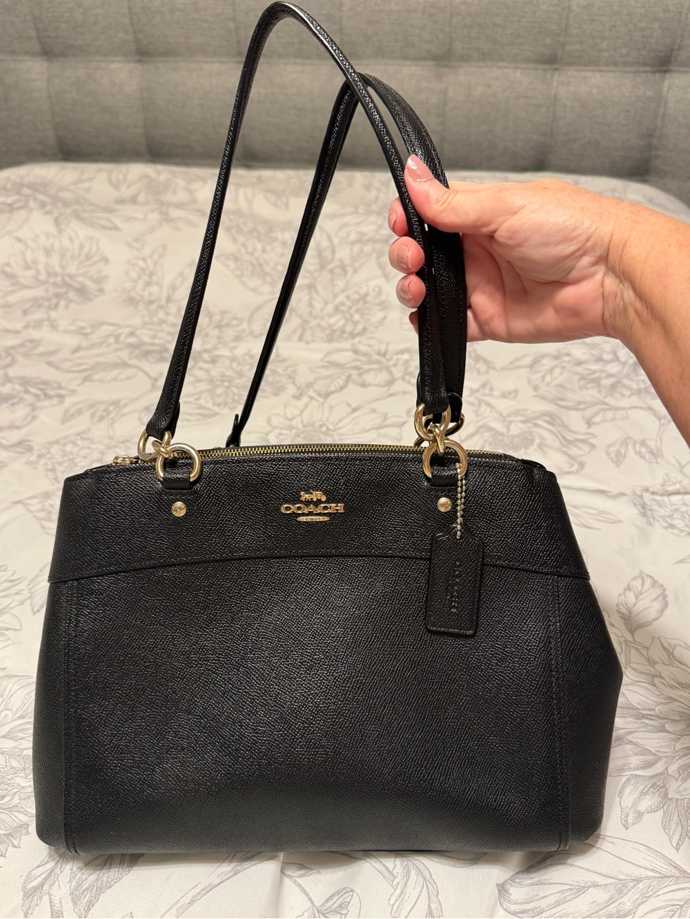 Coach Black Saffiano Leather Shoulder Satchel with Gold Accents